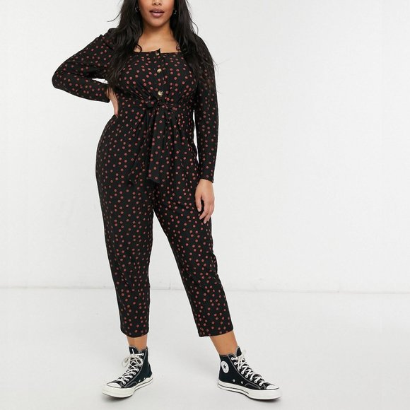 ASOS Curve Pants - ASOS DESIGN Curve Button Front Square Neck Peg Leg Jumpsuit in Red Polka Dot